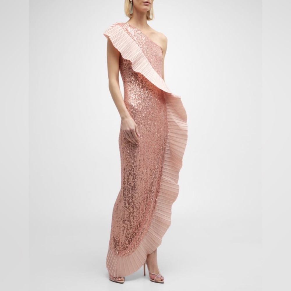 ONE33 Social - One Shoulder Pleated Taffeta Sequin Gown in Blush